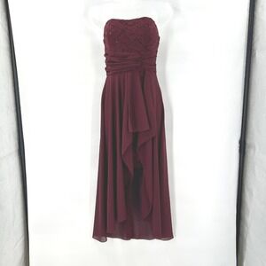 La Scala Burgundy Dress Small Strapless Lace Sequin Chiffon High Low Gown Formal